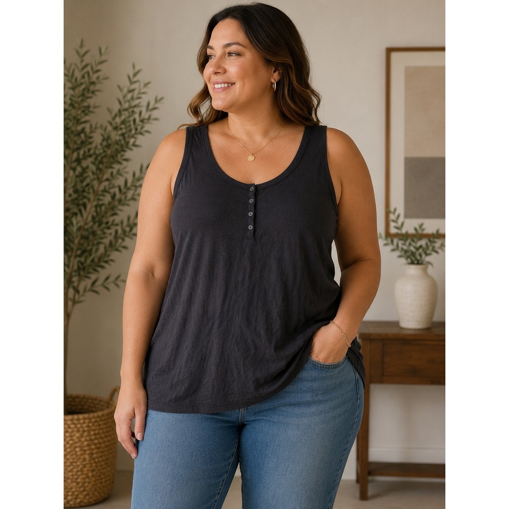 Torrid Deep Black Cotton Modal Rib Scoop Henley Tank Top 2 2X 18-20 NWT